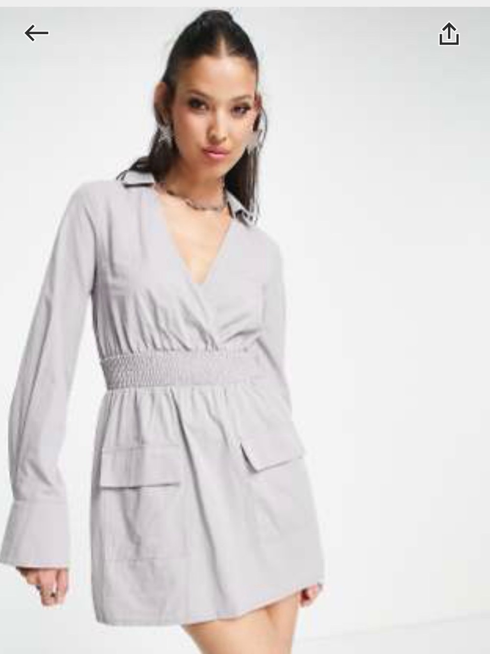 ASOS Light Gray V-Neck Smocked Waist Mini Dress